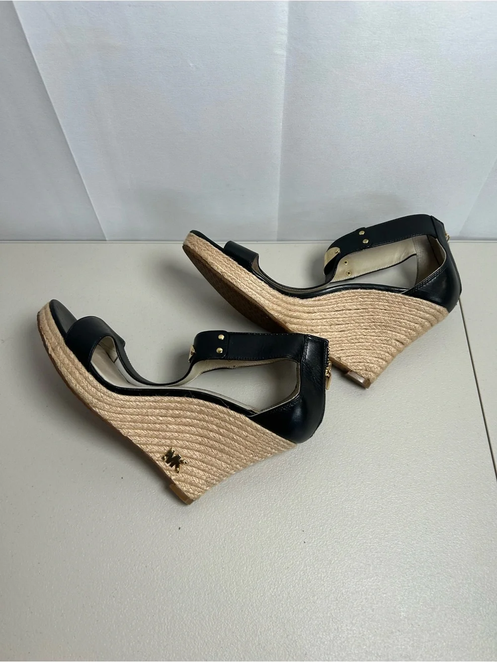 Michael Kors Black Leather Wedge Sandals with Gold Accent In 9M